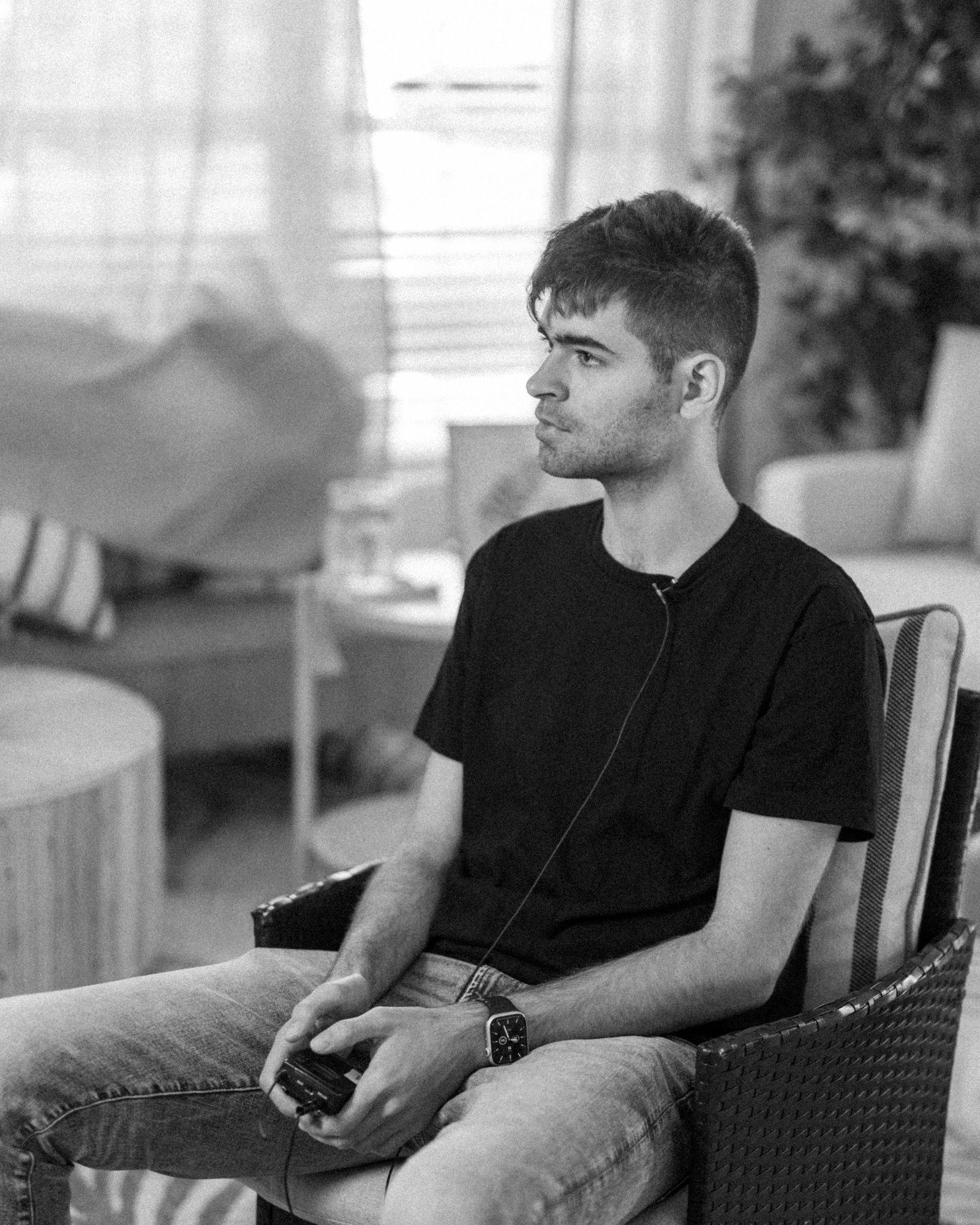 Alan Schaaf in profile, in black and white.